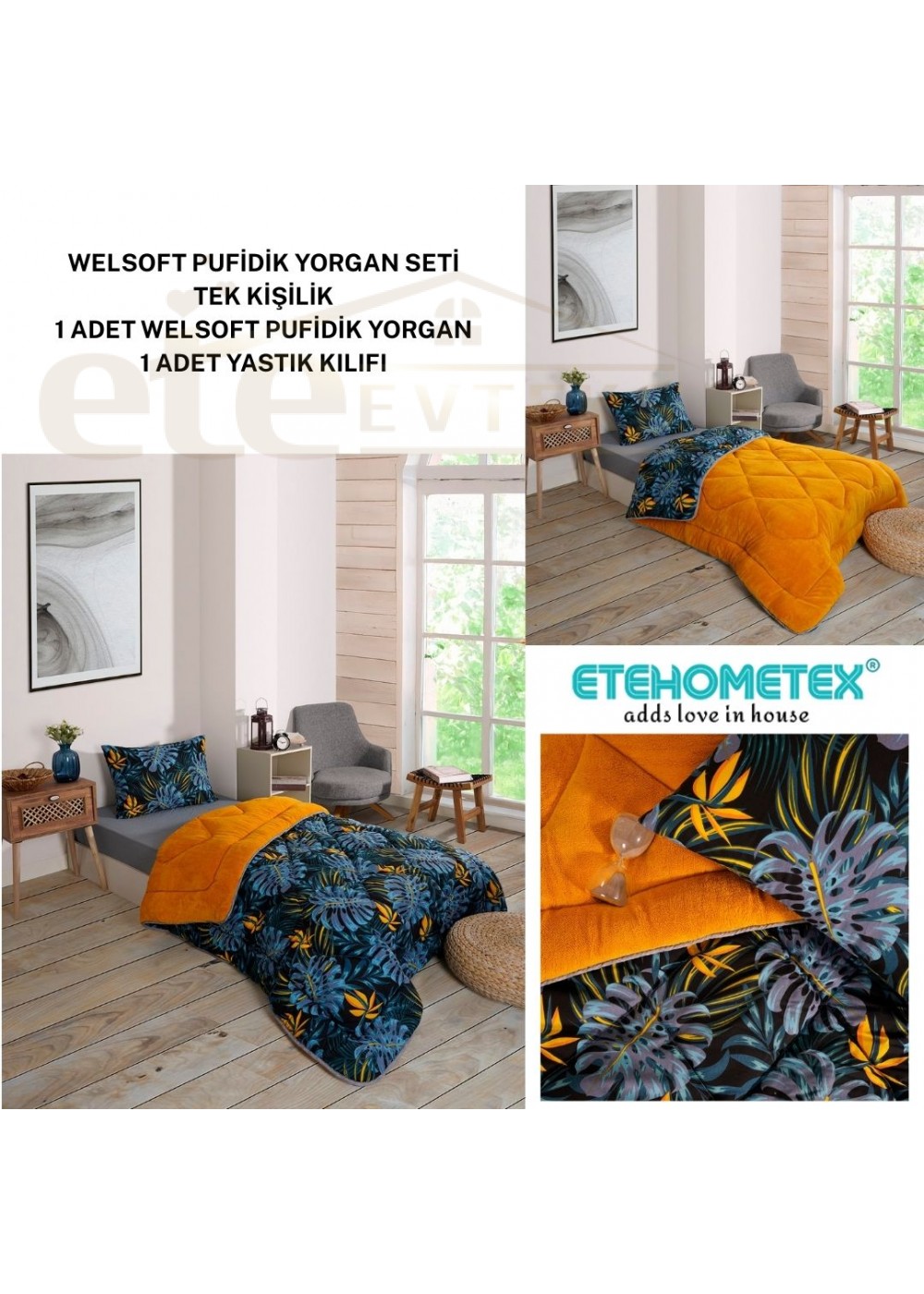 ETE HOMETEX TEK KİŞİLİK LÜX WELSOFT YORGAN SETİ MONESTERA HARDAL 155X215CM 8696474231960